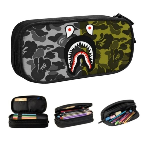NWOT Camouflage Shark Camo Pencil Case for Boy Girl Kid Pen Bag Box BlackGreen - Picture 3 of 8